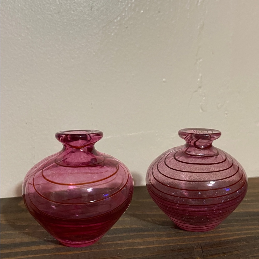 Vintage pink Costa Boda miniature art glass swirly cranberry Swedish glass maker